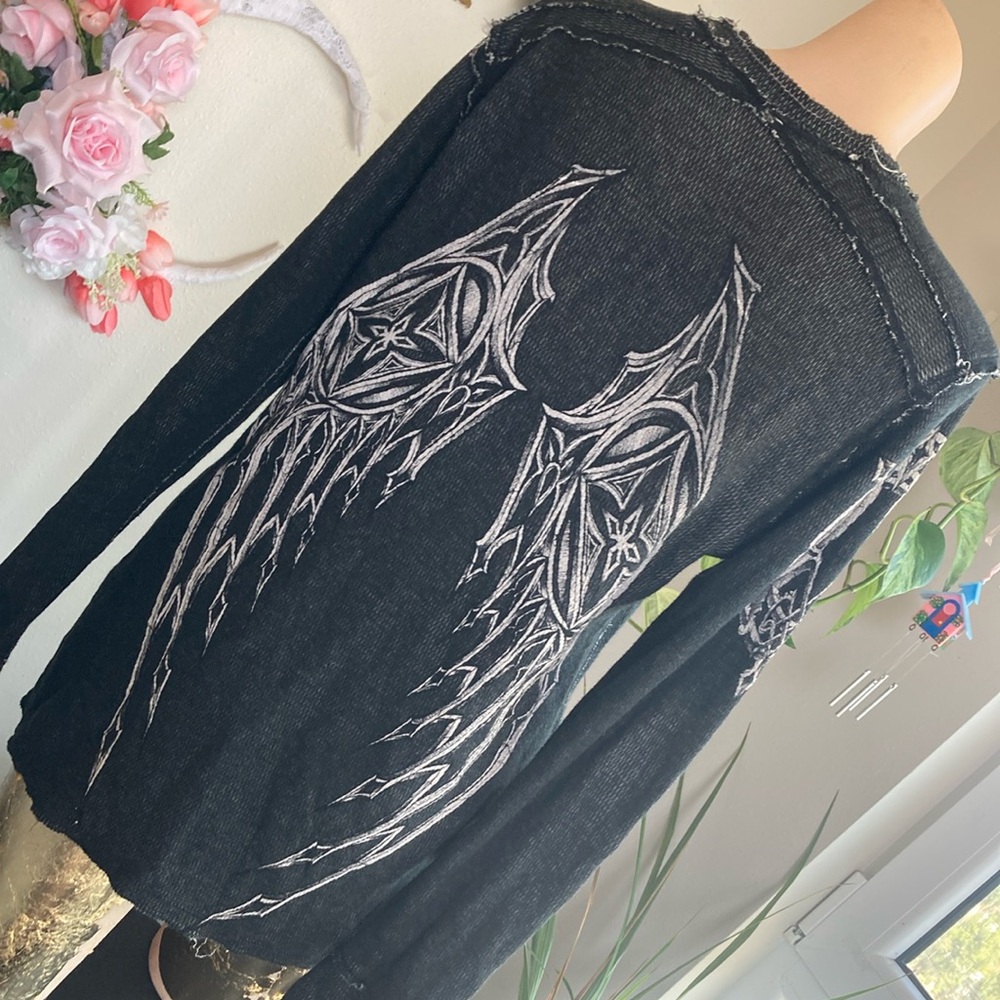 Affliction Black and White Long Sleeve Tee with Gothic Cross y2k edgy grunge - Picture 5 of 8